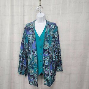 Vintage Alfred Dunner Blue Floral Layered Vest Blouse Boho Office 12